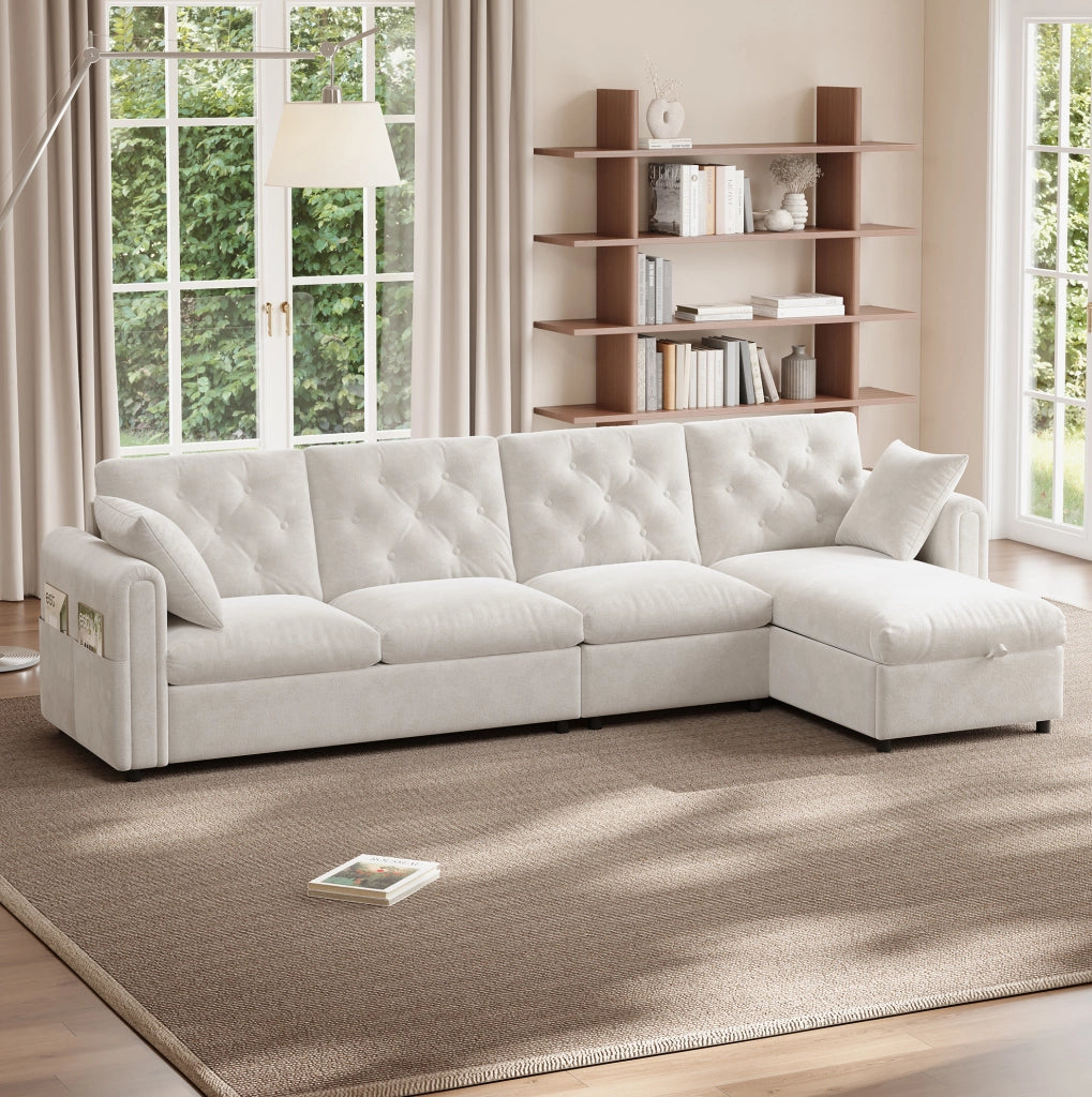 Divano angolare 281x132x86 cm con funzione letto e vano contenitore in velluto beige