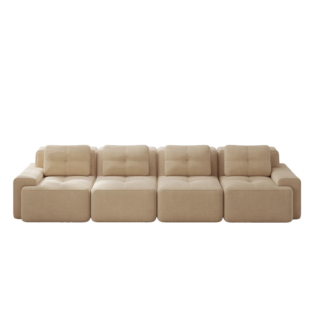 divano modulare 4 posti; seduta profonda 74 cm; schiuma 32D; tessuto velluto a coste beige