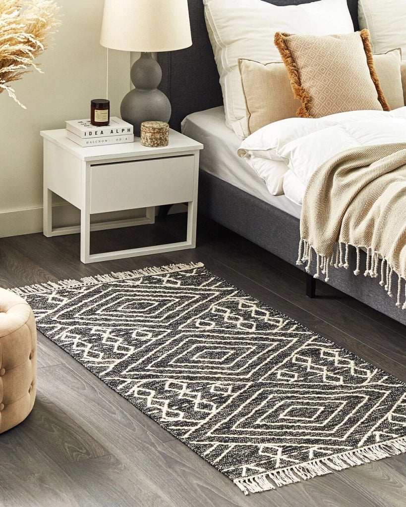 Tappeto in cotone bianco sporco nero 80 x 150 cm motivo geometrico nappe tribale orientale moderno