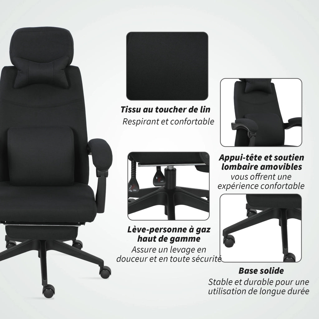 Sedia da ufficio reclinabile con poggiapiedi e rotelle ¨C zephmum ¨C nero 62x68x127 cm