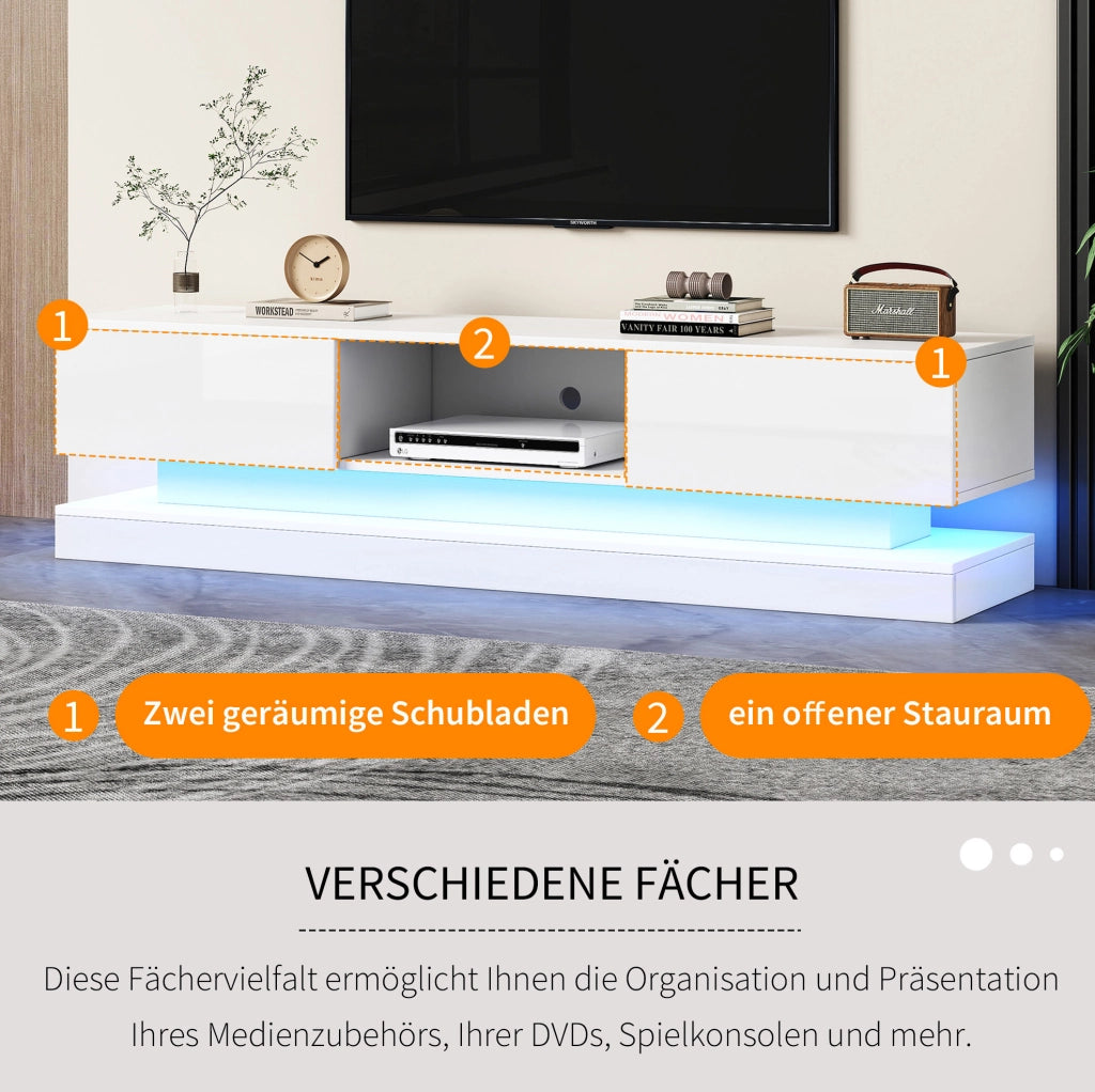 Mobile TV bianco lucido 160 cm con LED RGB, 2 cassetti e controllo app