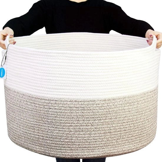 Grossa Cesta per Coperte e Asciugamani in Cotone - Cesta per Opzioni di Stoccaggio con Maniglia per Coperte, Asciugamani e Cuscini | Bianco e Marrone - Dimensioni Extra Grande (559 x 559 cm x 356 cm)