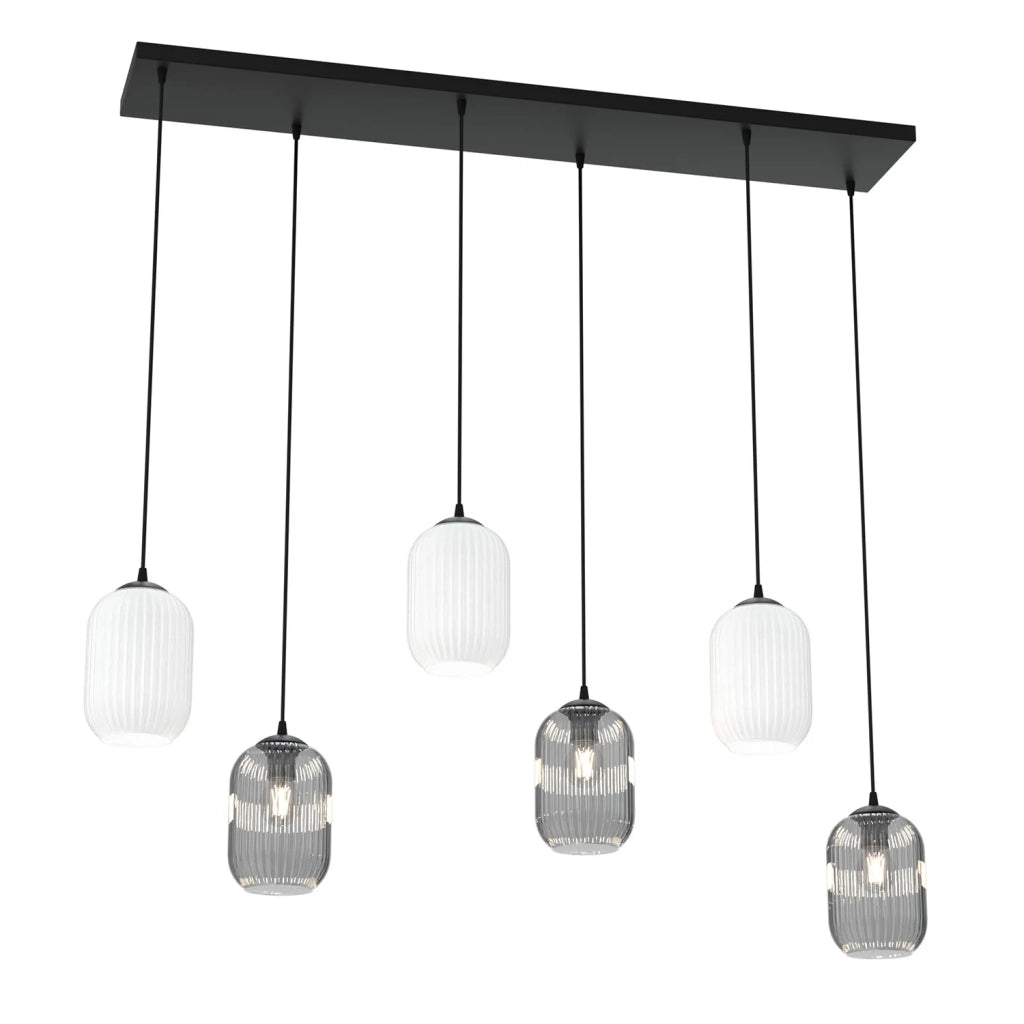 Lampadario 6 Luci Selene In Acciaio Nero E Vetri Plissettati In Bianco E Fumè