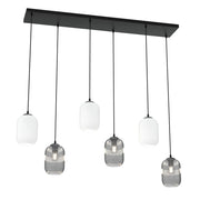 Lampadario 6 Luci Selene In Acciaio Nero E Vetri Plissettati In Bianco E Fumè