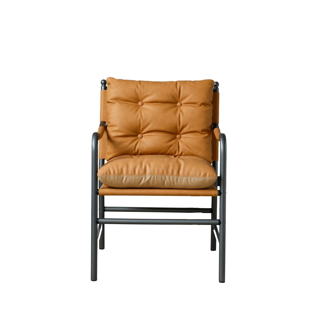 Fauteuil moderno in pelle con braccioli e struttura in metallo nero per soggiorno e camera da letto marrone