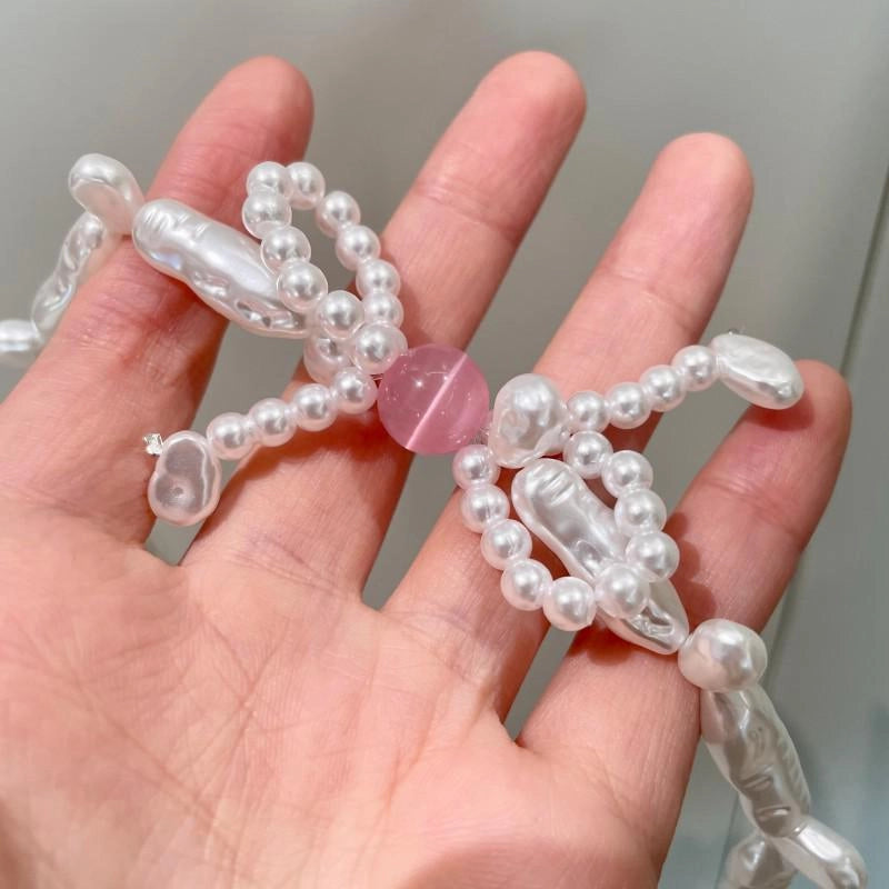 Collana con fiocco di perle rosa fatta a mano, regalo di Natale o di compleanno.
