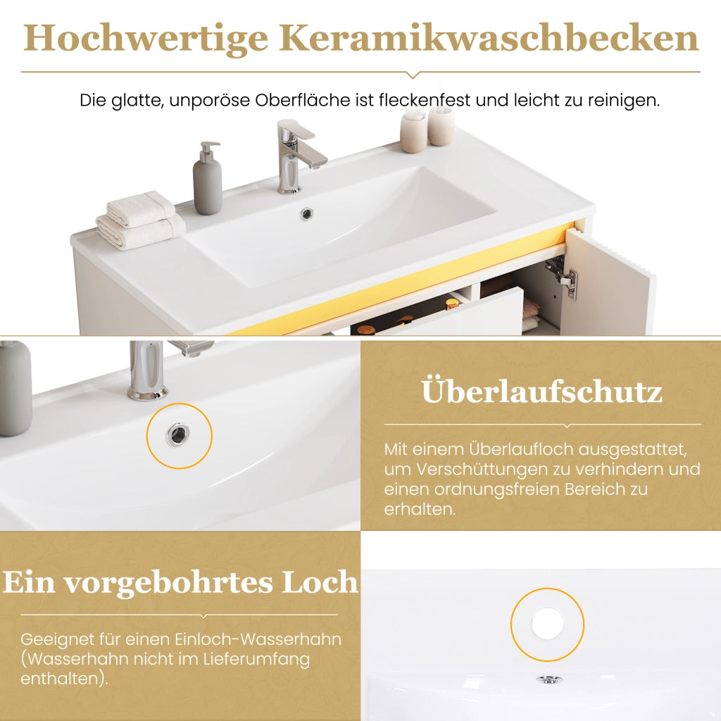 Mobile bagno sospeso 81 cm bianco con lavabo in ceramica e cassetti