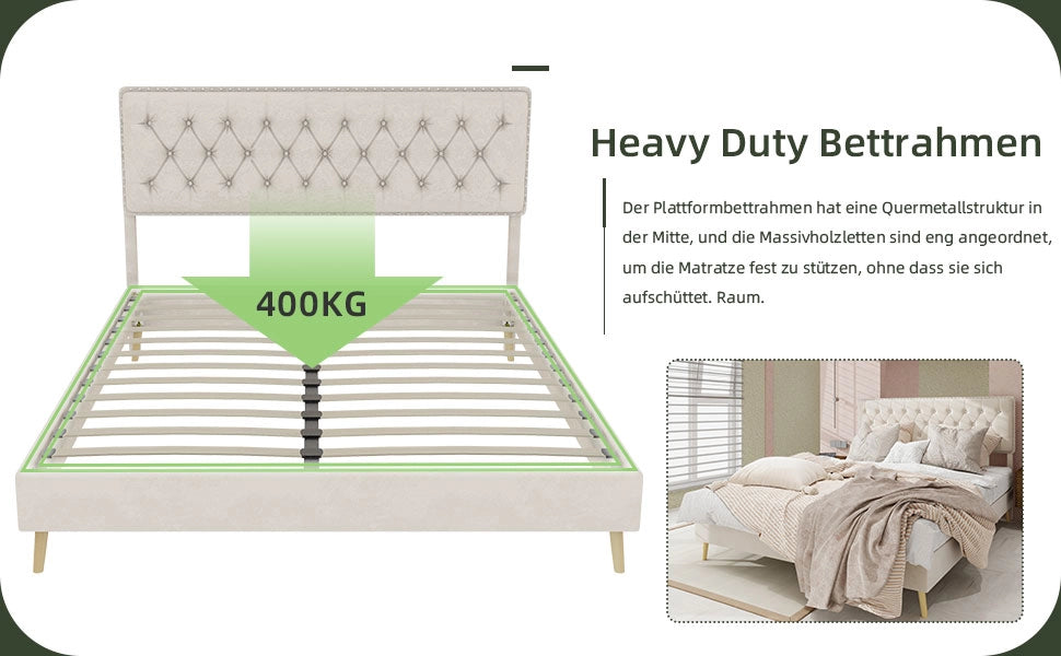 Letto imbottito con testiera ¨C Minimal ¨C beige velluto 140x200cm