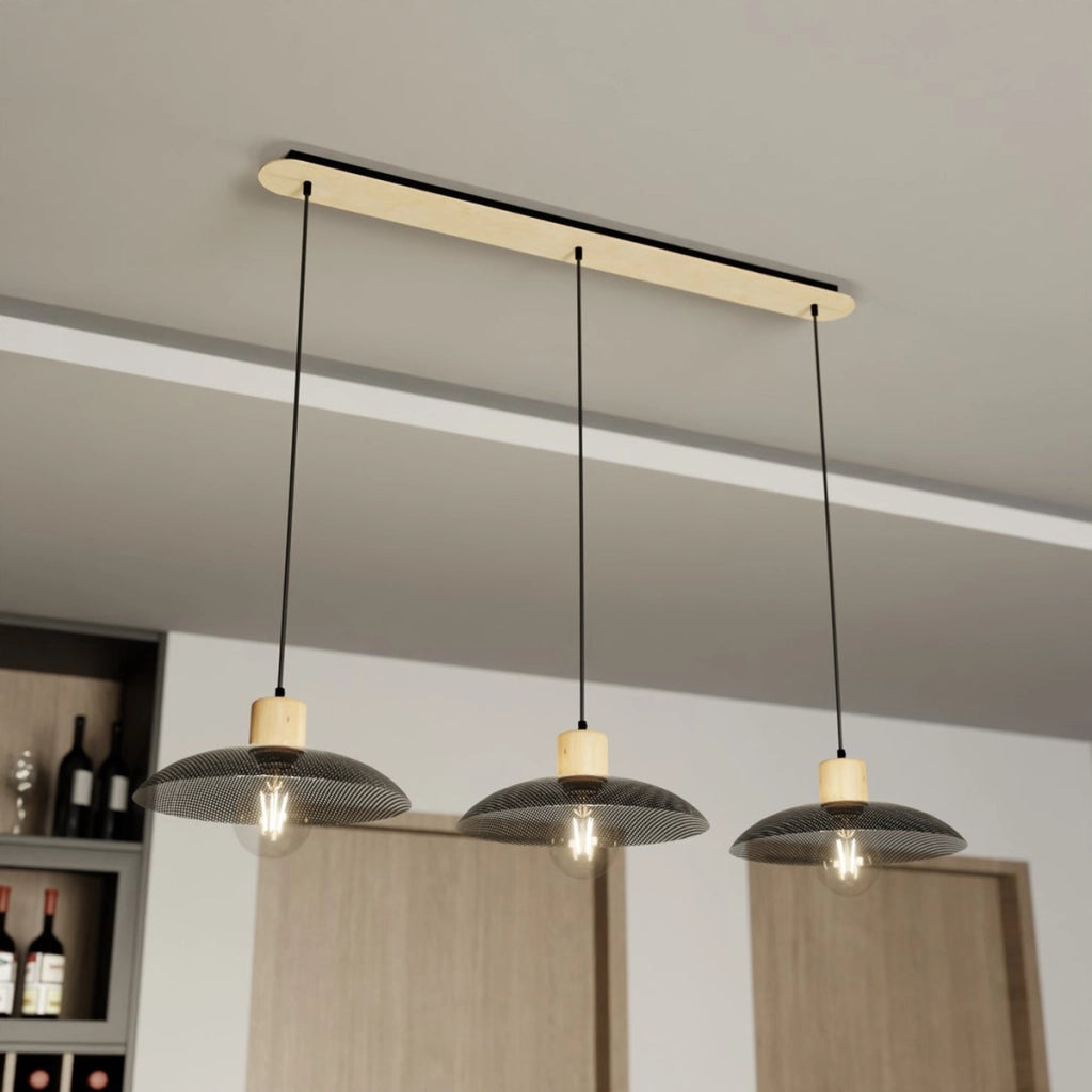 Lampada a sospensione Kobe in acciaio nero e legno
