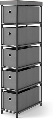 Comò a 5 Cassetti, Mobile da Soggiorno Stretto con Struttura in Metallo, Piano in Legno & Maniglie, Comò Compatto Ideale per Camera da Letto, Corridoio e Ingresso, 40 x 19 x 100cm (Grigio)
