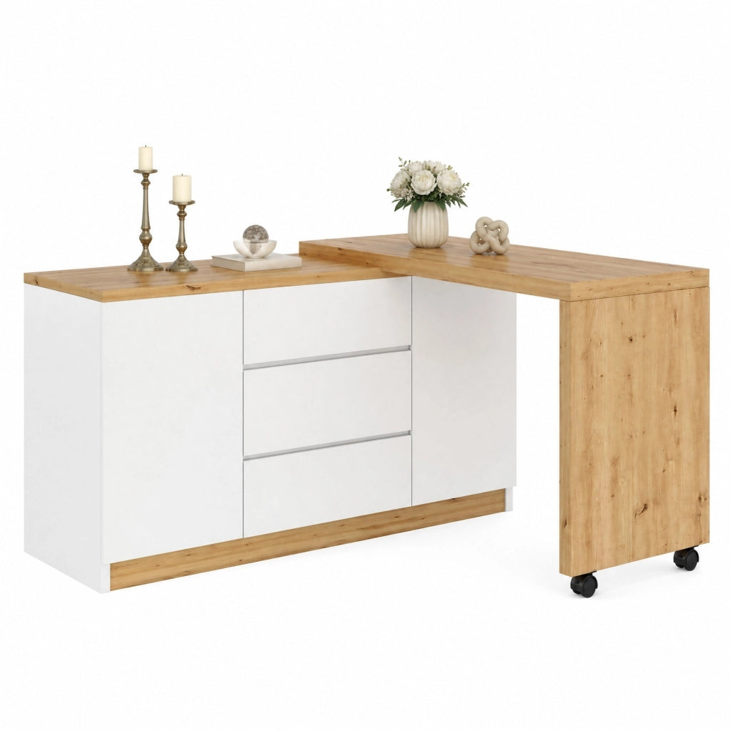 Scrivania pieghevole girevole con ruote, 2 ante e 3 cassetti, 120x50x76,5 cm, bianco e rovere