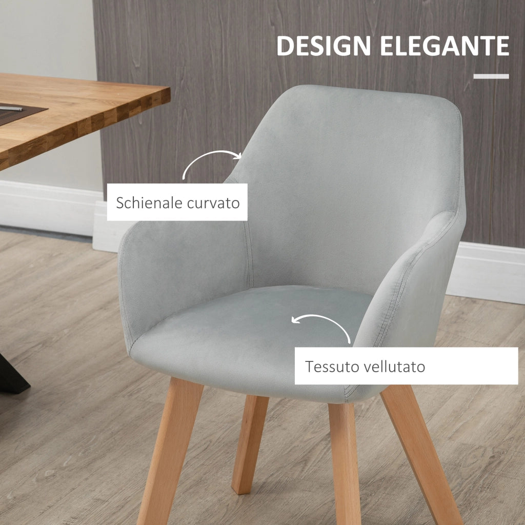 Set 2 Sedie per Sala da Pranzo Imbottite in Velluto con Braccioli e Gambe in Legno, Grigio