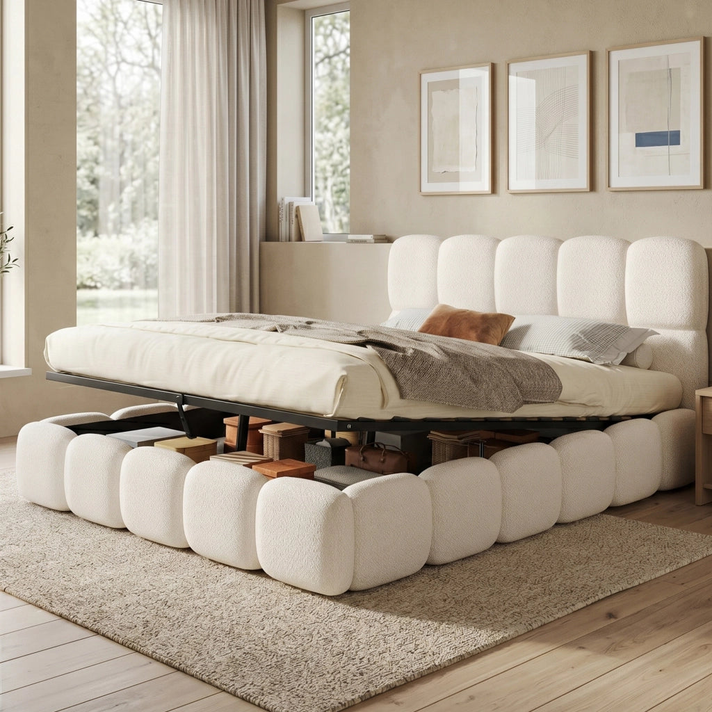 Letto matrimoniale 160x200 cm con contenitore idraulico, rete inclusa, boucl¨¦ bianco