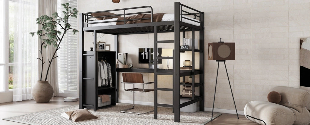 Letto a castello in ferro nero con scrivania, armadio e scala a 5 gradini, 90x200 cm