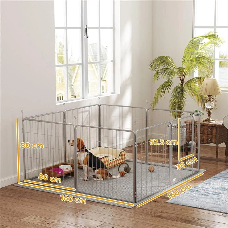 RECINTO PER CANI A 8 PANNELLI MODULABILI PIEGHEVOLE CON PORTA IN ACCIAIO, ALTEZZA 80 CM, ARGENTO