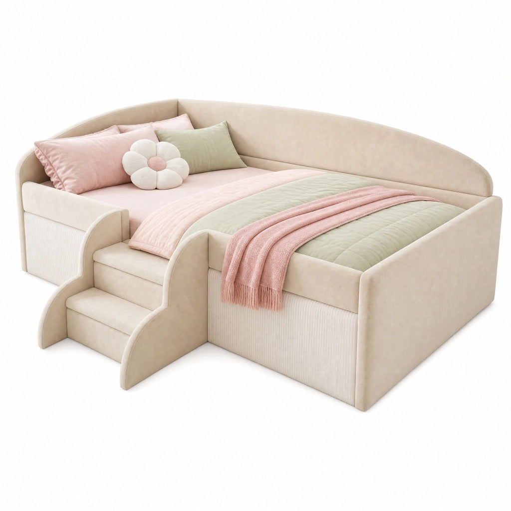Letto imbottito per bambini 90x190 cm con gradini e sponde in velluto beige