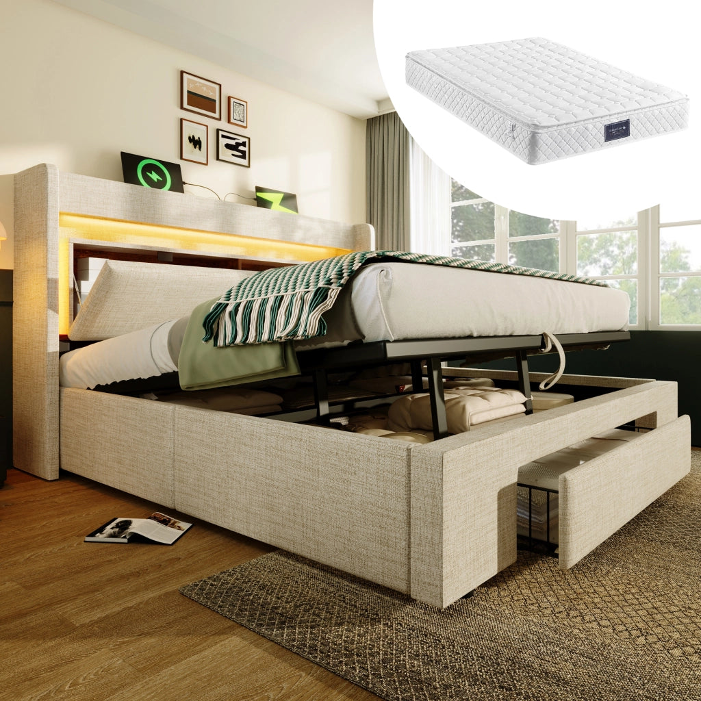 Letto imbottito in lino beige 140x200 vano idraulico LED USB doghe con materasso