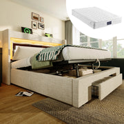 Letto imbottito in lino beige 140x200 vano idraulico LED USB doghe con materasso
