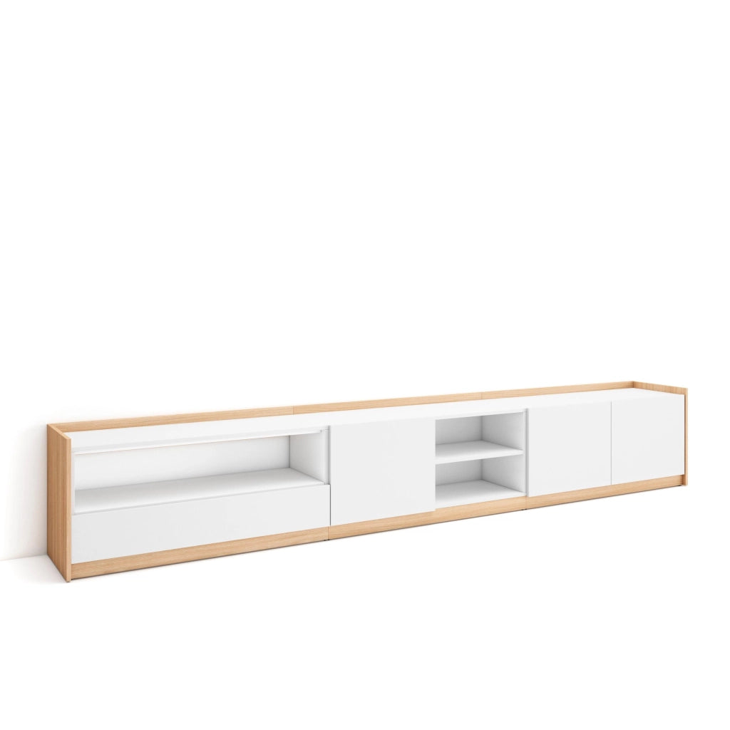 Mobile TV Soggiorno, 310x50x37 cm, Per TV fino a 80", Mobile Soggiorno, Bianco e Rovere soft