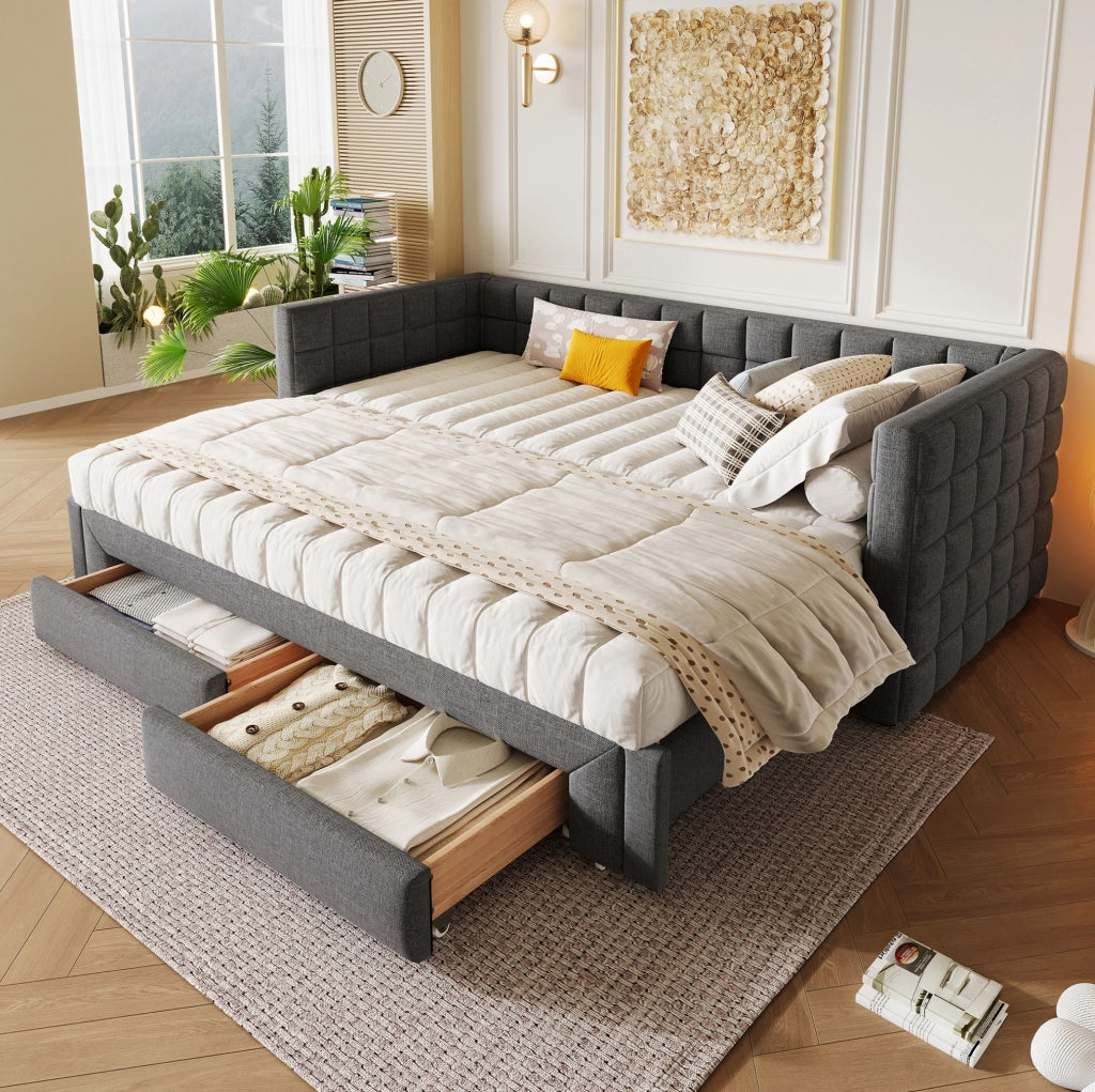 Daybed estraibile 90x200 cm in velluto grigio con 2 cassetti e schienale quadrato