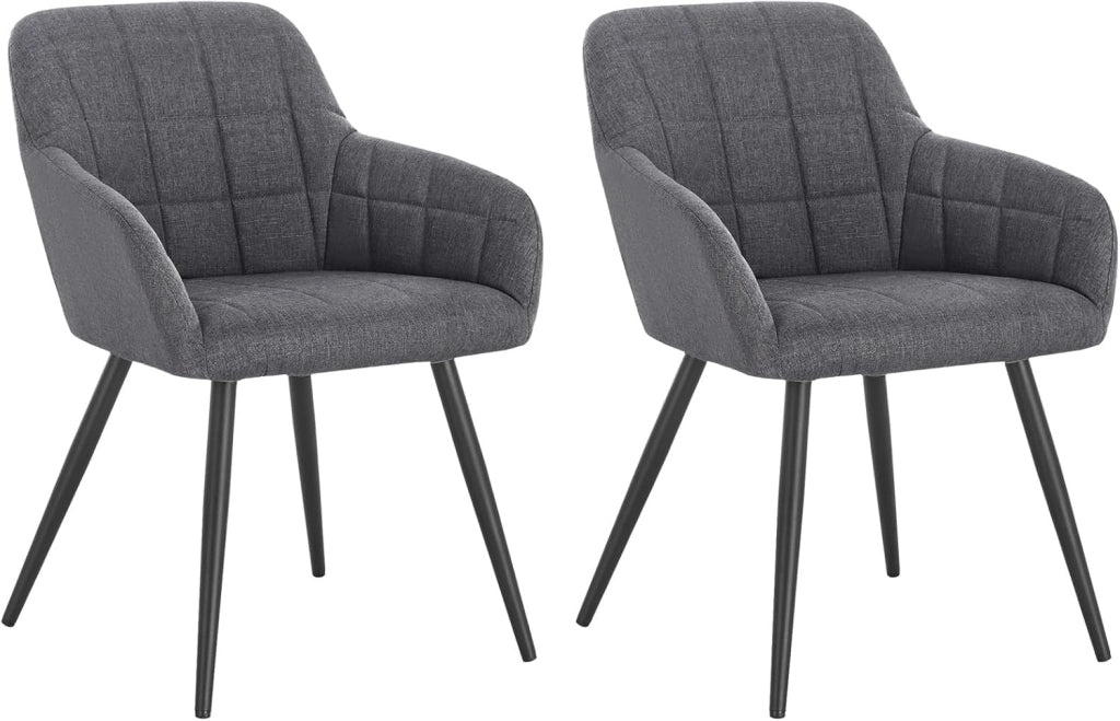 Set di 8 Sedie per Sala da Pranzo Imbottita, Poltroncina in Stoffa Lino,Sedia da Cucina con Braccioli e Schienale, Gambe in Metallo, moderne,Grigio Scuro, BH107dgr-8