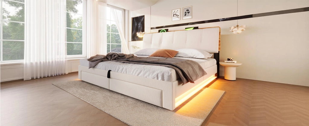 DESMIU Letto contenitore 180 × 200 cm 2 posti con USB, Type-C, LED, senza materasso, in lino, beige