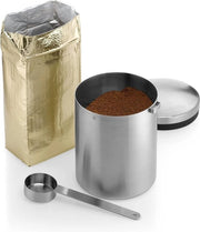 Contenitore per caffè in acciaio inossidabile per 500 g, cassetta con cucchiaio, acciaio inossidabile Cromargan satinato, per caffè in polvere e caffè in chicchi, con coperchio.
