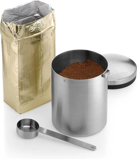 Contenitore per caffè in acciaio inossidabile per 500 g, cassetta con cucchiaio, acciaio inossidabile Cromargan satinato, per caffè in polvere e caffè in chicchi, con coperchio.