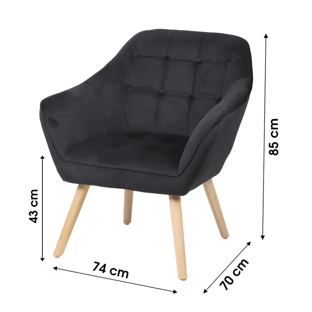 Poltrona in velluto nero con piedi in legno - 74x70xH85 cm, altezza della seduta 43 cm - Collezione VELUREA