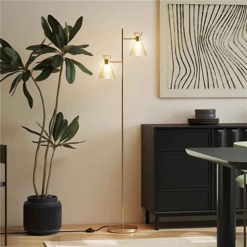 LAMPADA DA TERRA MODERNA CON 2 LUCI E TESTE REGOLABILI, INTERRUTTORE A PEDALE, ORO