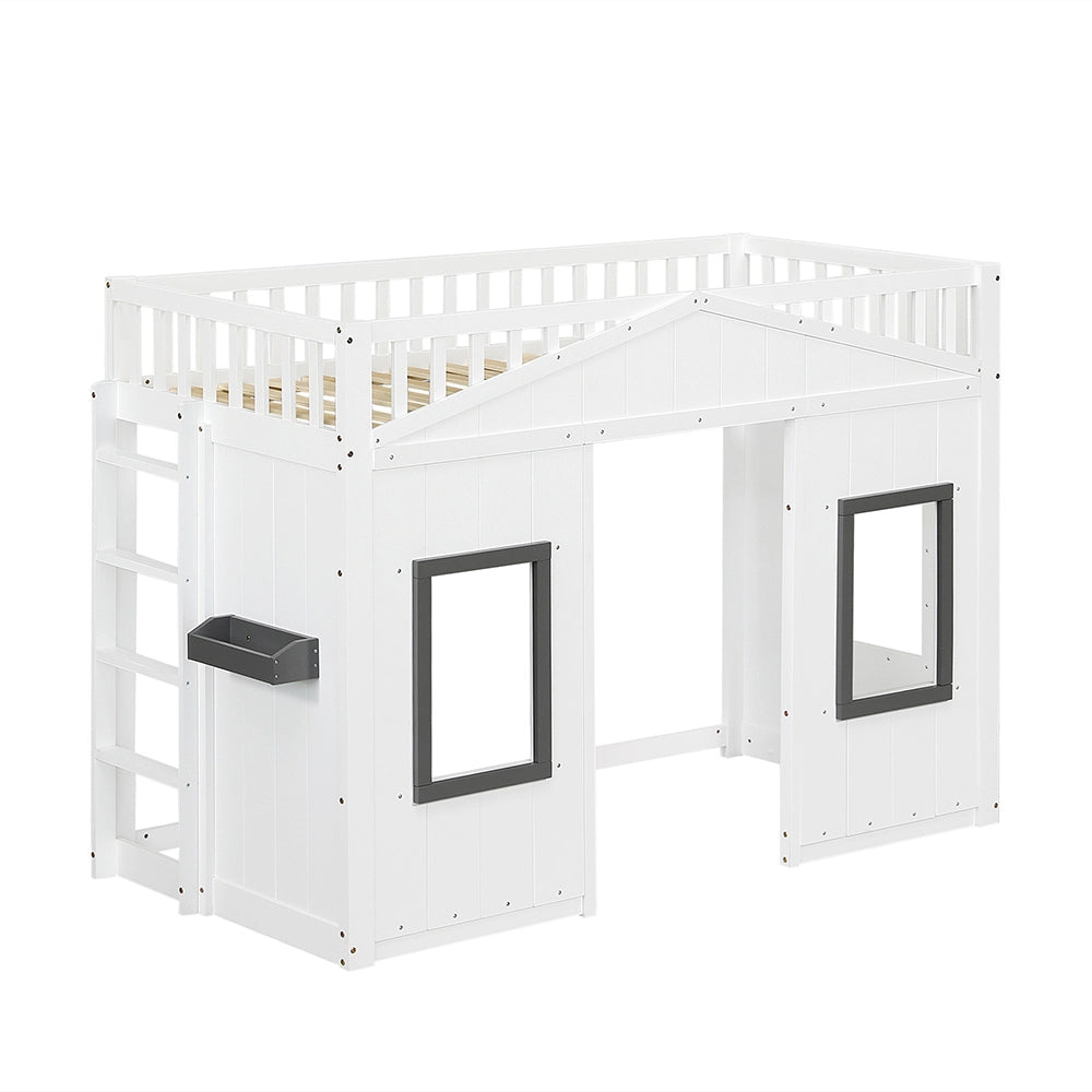 Letto a Castello Casa Bambini – Xylo – 90x200cm, Scala, Protezione Anti-Caduta, Finestra, Letto Inferiore Libero, Bianco