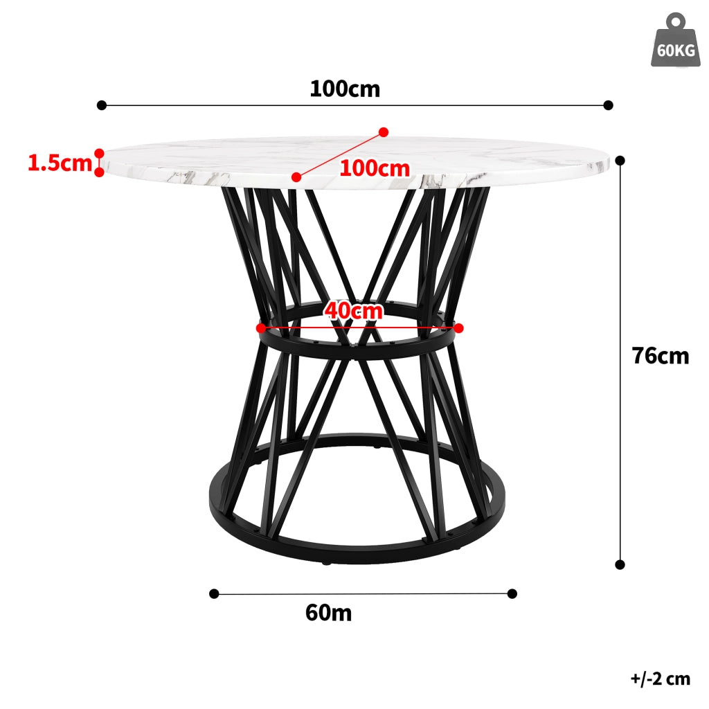 Tavolo da pranzo rotondo con 4 sedie, piano effetto marmo, gambe in metallo, per cucina e sala da pranzo, 100 cm