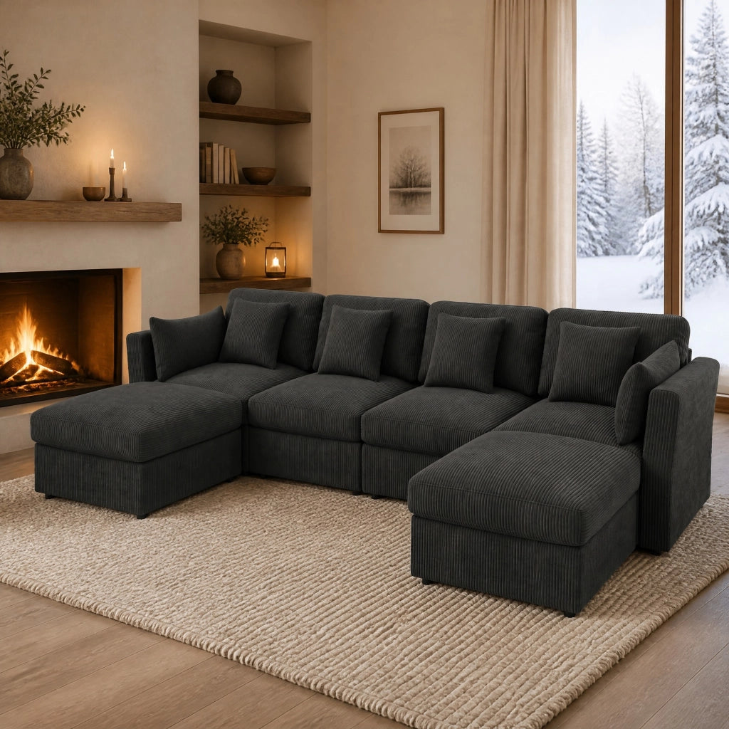 Divano modulare a U con braccioli regolabili e poggiatesta, due pouf scorrevoli in velluto a coste grigio 290 × 159,5 × 89 cm