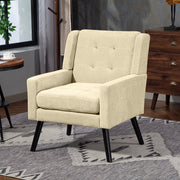 POLTRONA Imbottita in lino beige con gambe in legno massello