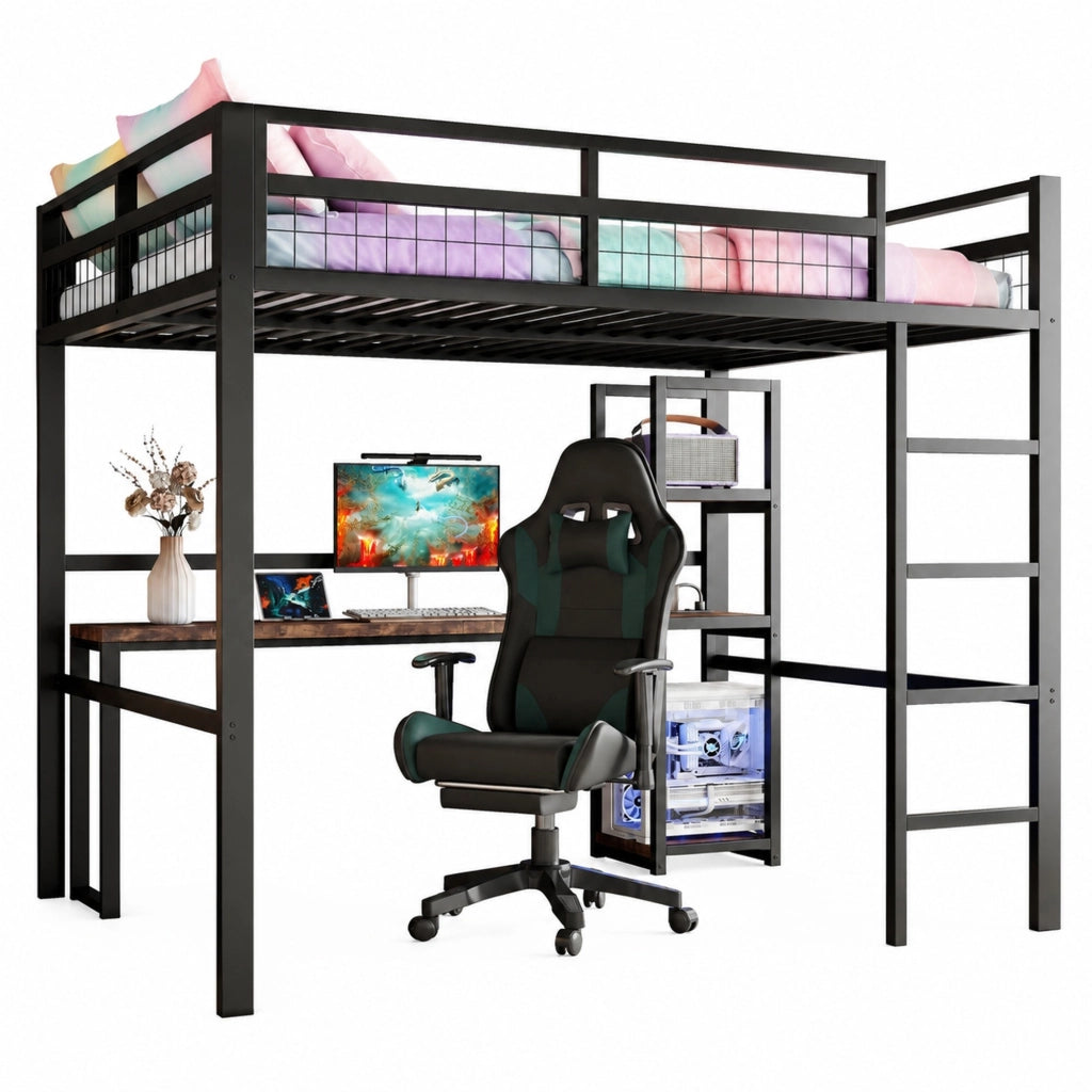 Letto a soppalco 140x200 cm in metallo con scrivania, ripiani e prese USB/Type-C, nero
