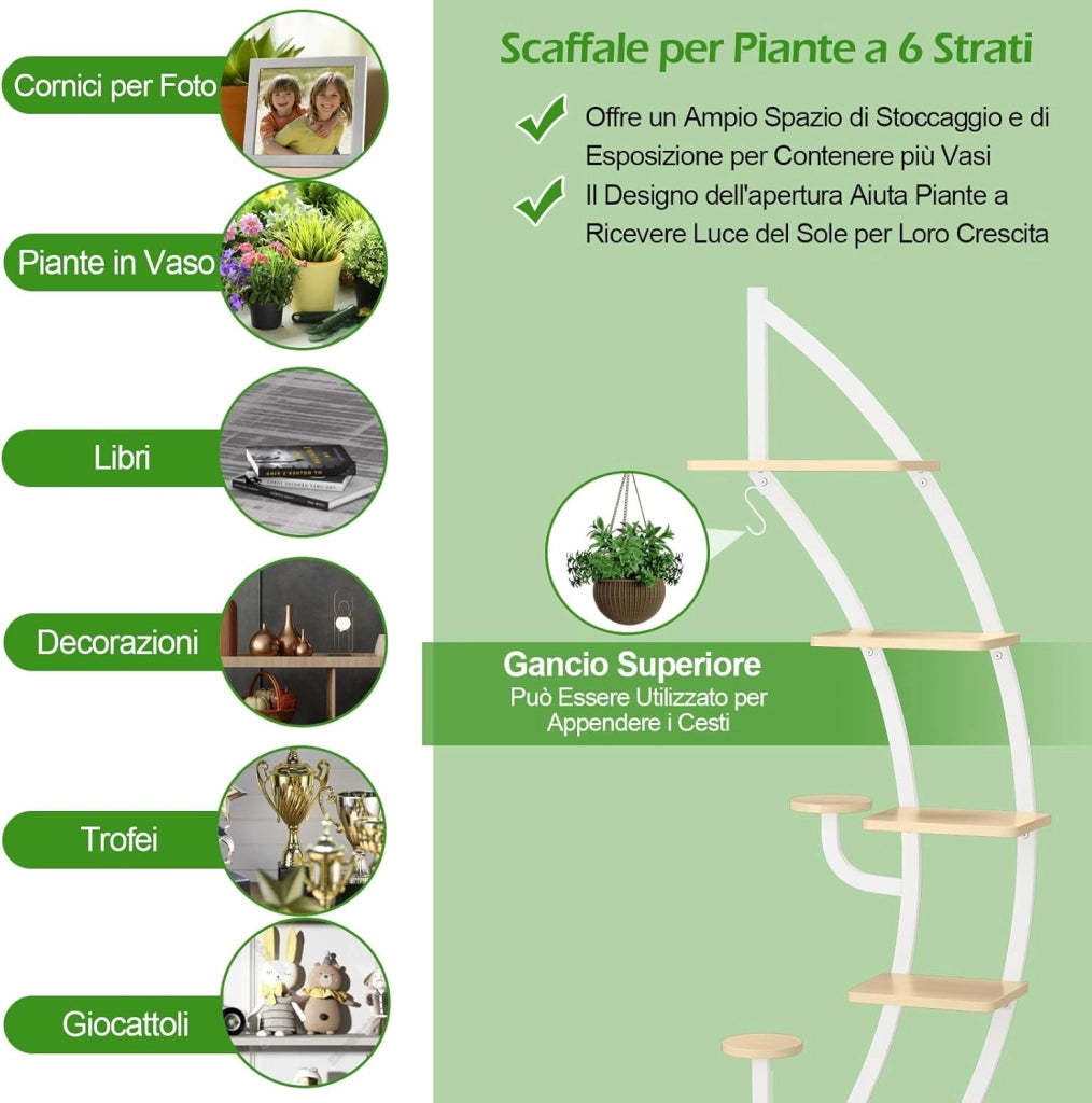 Scaffale per Piante a 7 Livelli, Scaffale a Forma di Mezza Luna con Gancio e Dispositivo Antiribaltamento, Porta Piante e Fiori per Interno, Balcone e Soggiorno (1 PEZZO BIANCO)