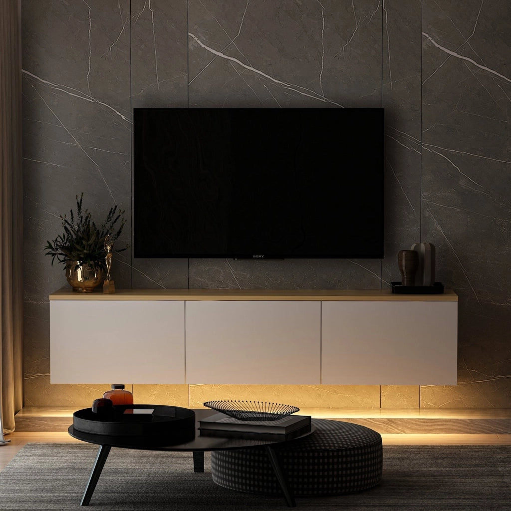 Mobile TV a parete in legno con illuminazione LED "Neon" - 160 x 32 x 35 cm - Bianco