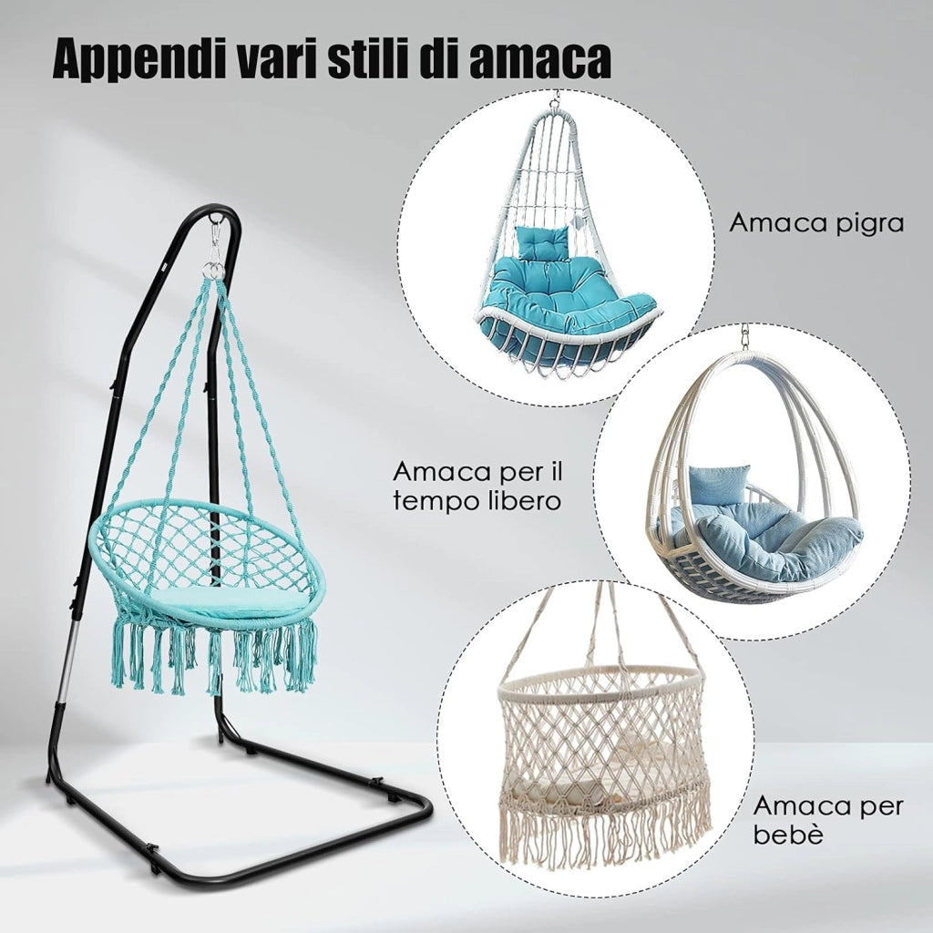 Sostegno per Sedia Sospesa Regolabile, Struttura Resistente con Gancio di Sicurezza, Carico Fino 150KG, Cuscinetti Antiscivolo, Perfetto per Camera da Letto, Patio, Cortile, Piscina, Veranda