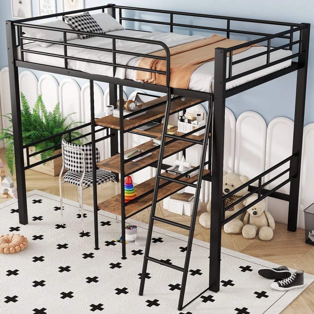 Letto a castello nero in metallo con scrivania e scaffali 90x200 cm