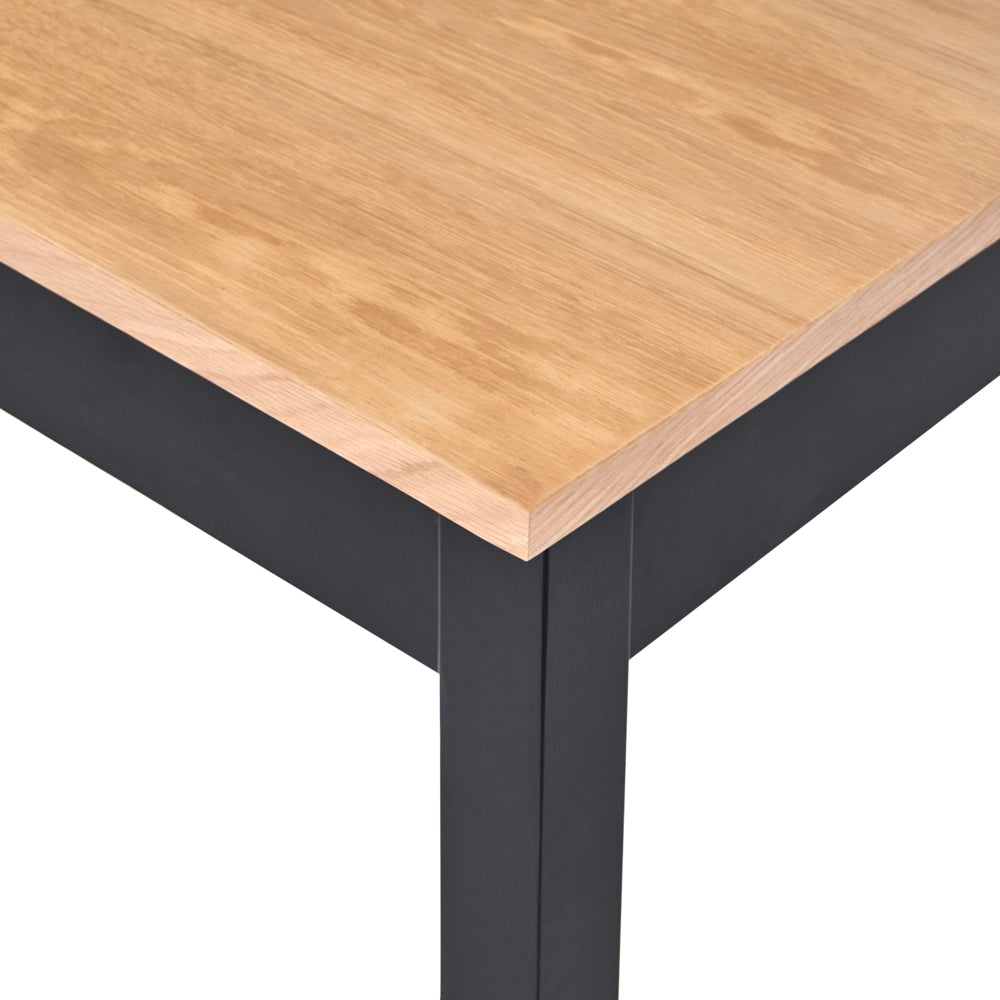 Tavolo da pranzo con piano in legno di pino marrone chiaro e nero, 120/150 x 90 cm, con prolunga a farfalla