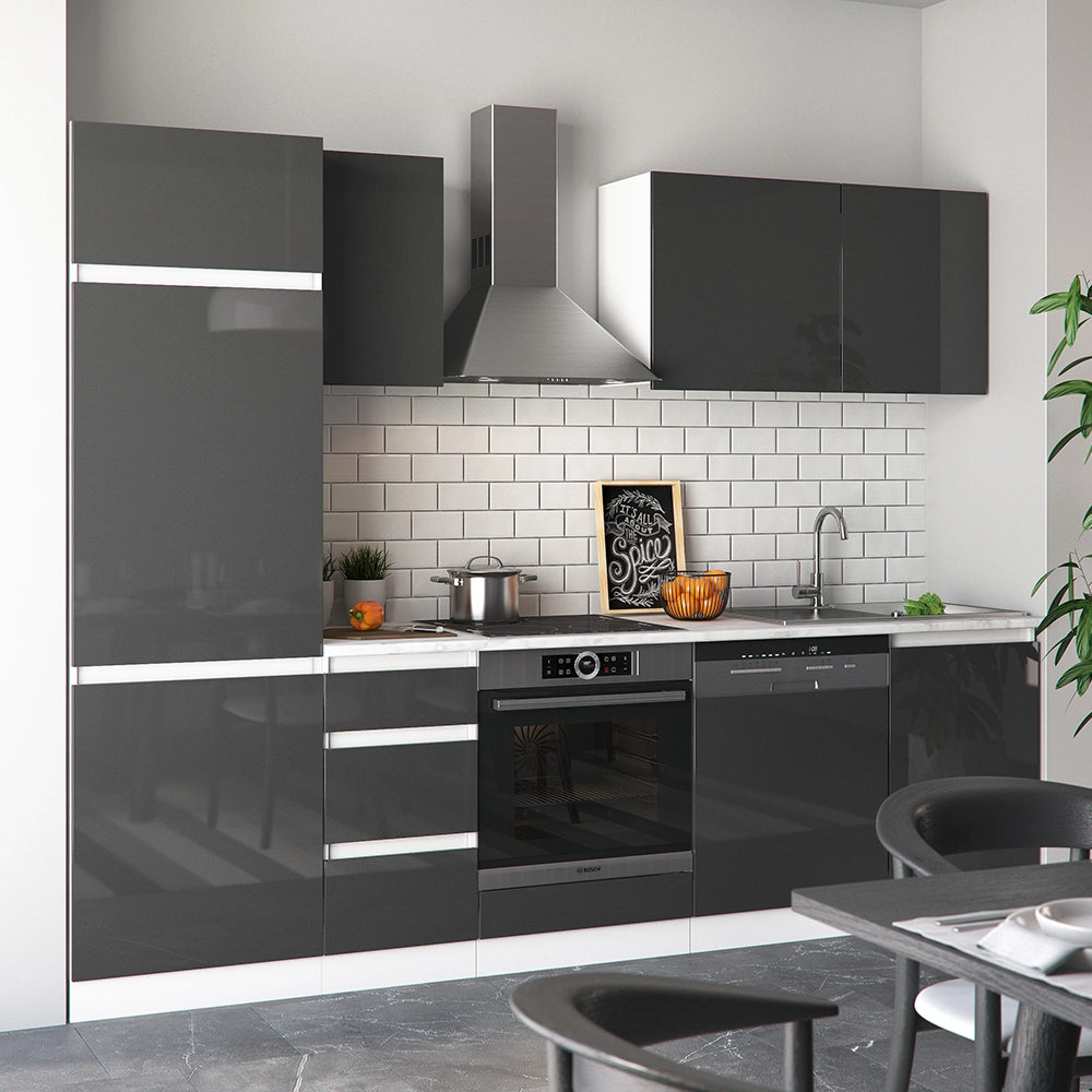 Vicco Cucina componibile Antracite lucido 270 cm senza piano di lavoro, senza maniglie con striscia LED