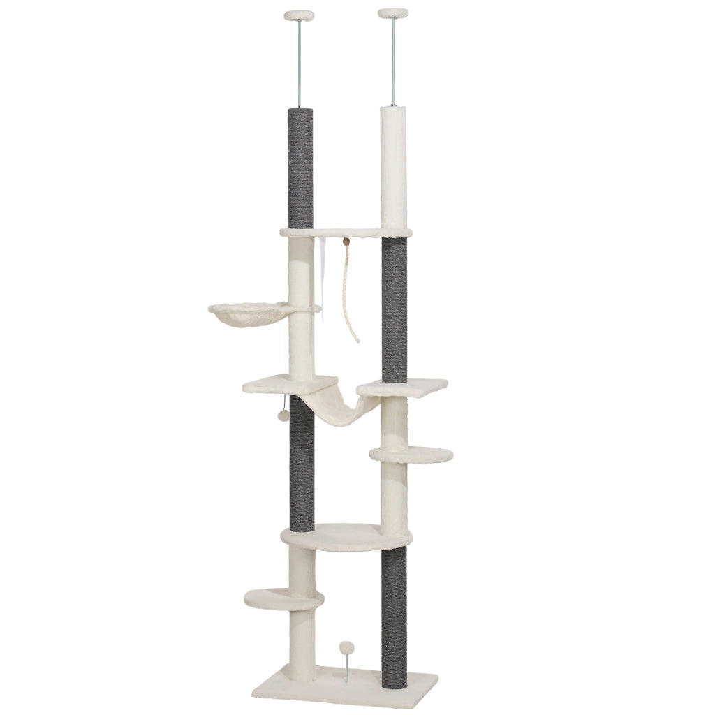 Albero tiragraffi per gatti regolabile con piattaforme e amaca ¨C zephmum ¨C Bianco 225-255 cm