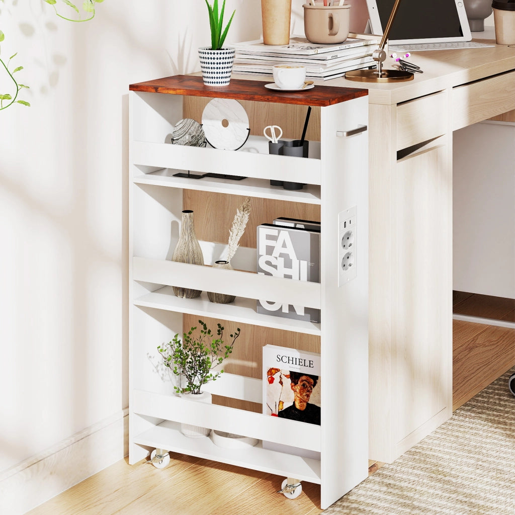 Carrello da cucina 4 ripiani con stazione di ricarica maniglia e parapetti-Scaffale stretto a sfilo con ruote bloccabili per cucina 20cm Bianco