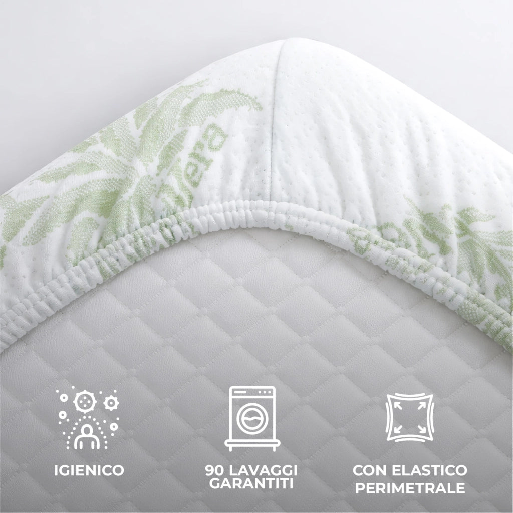 Coprimaterasso Aloe Vera Antiacaro Traspirante in Poliestere 180 GSM con Angoli 27 cm  – Singolo, Piazza e Mezza, Matrimoniale  Piazza e mezza