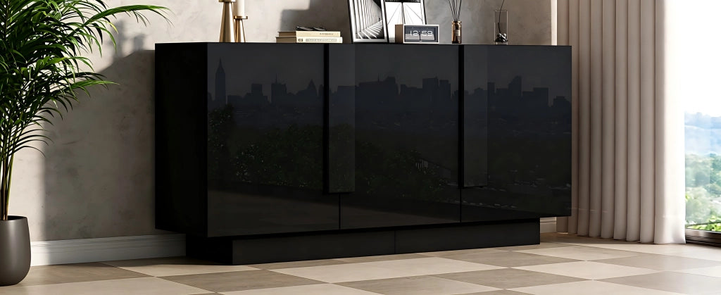 Credenza e madia a 3 ante con ripiani regolabili, finitura lucida, per soggiorno e sala da pranzo, nera 160 × 35 × 60 cm
