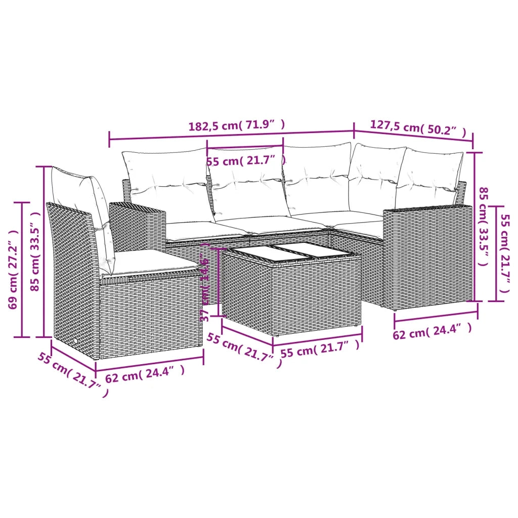 Set Divano da Giardino 6pz con Cuscini Grigio Chiaro Polyrattan