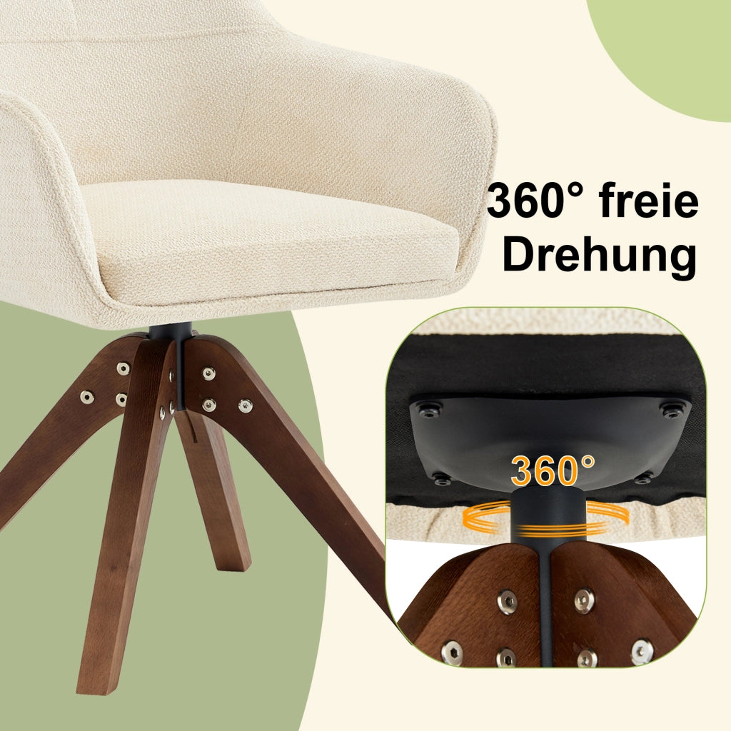 Sedia da sala da pranzo girevole 360° set da 2 con braccioli e schienale ergonomico in tessuto bianco e legno noce
