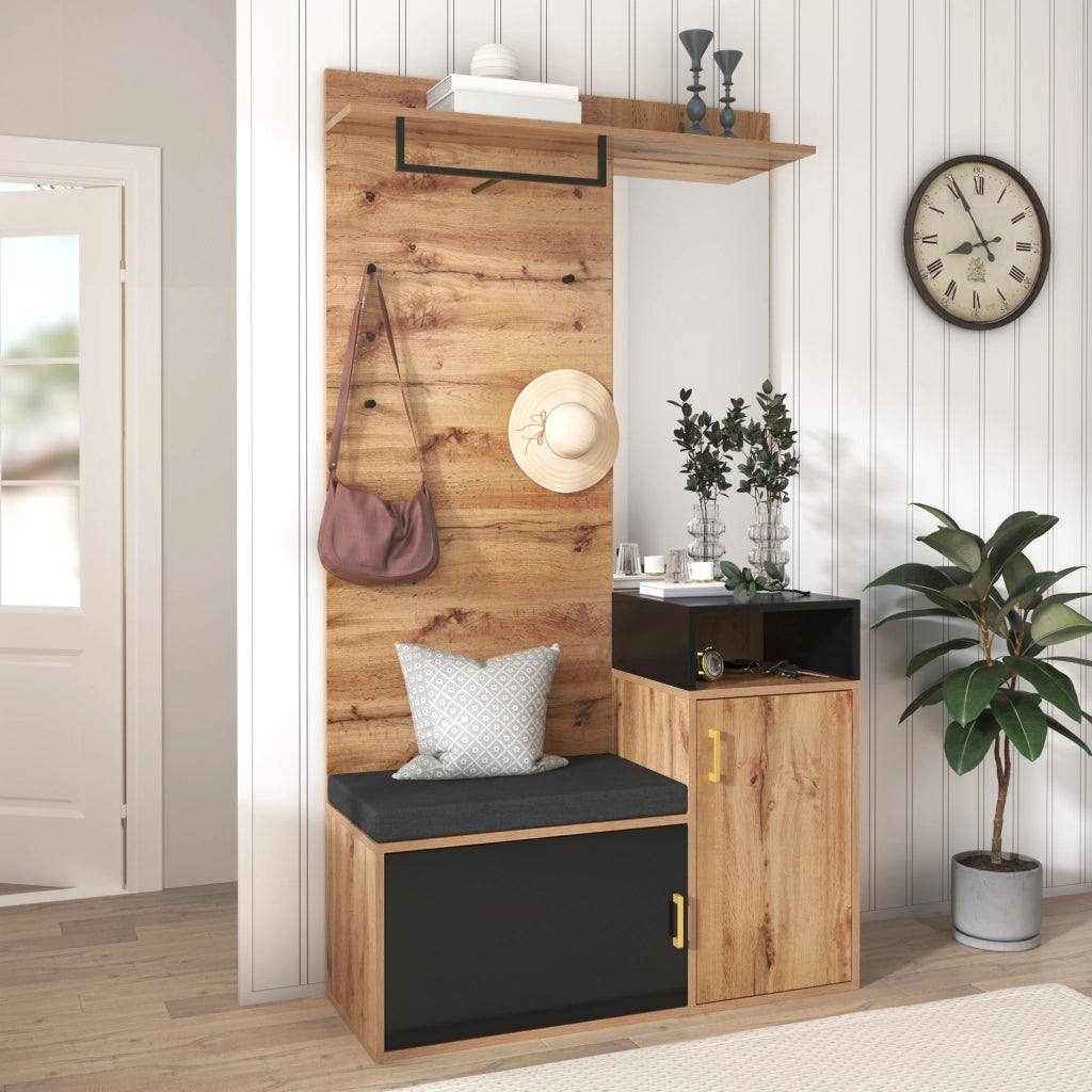 Set ingresso con scarpiera, specchio, 4 ganci e panca salvaspazio, colore nero e legno