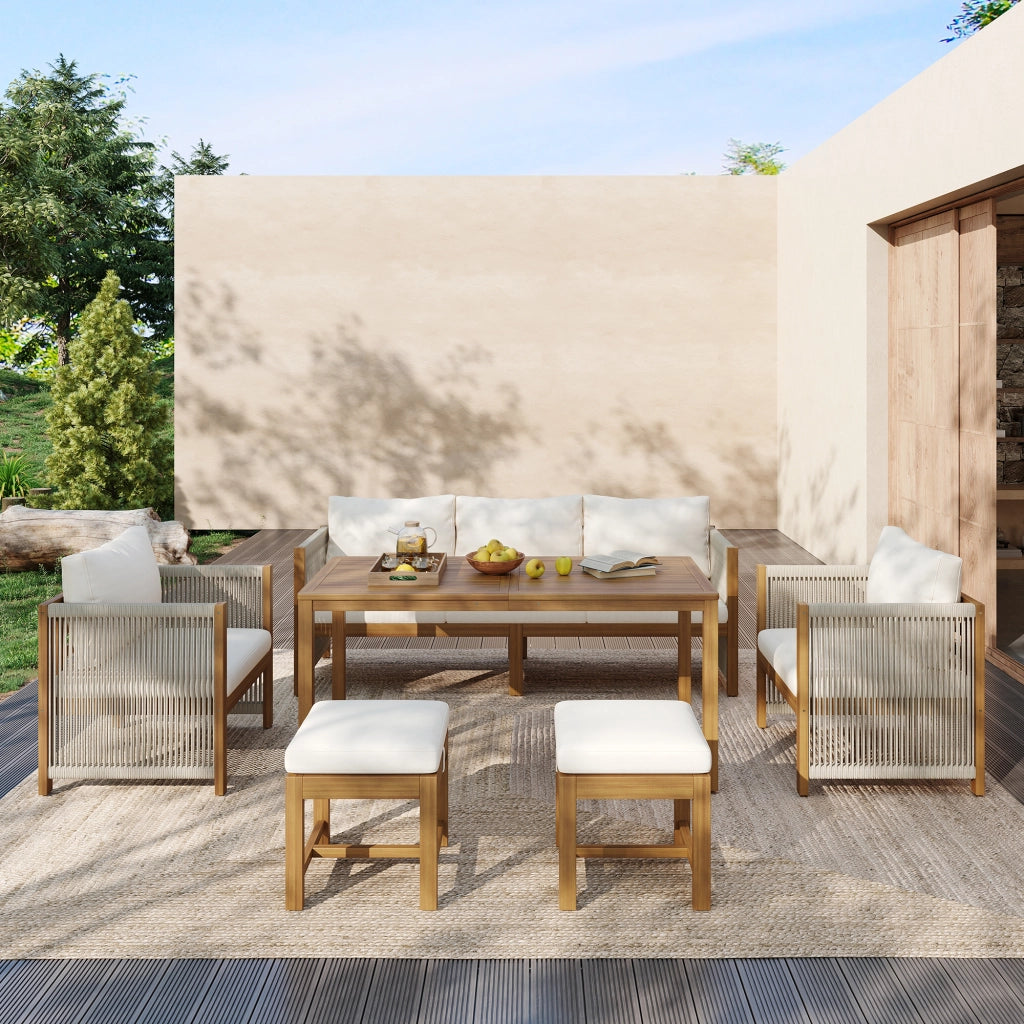 Set Salotto da Giardino 6 Pezzi con Divano, 2 Poltrone, 2 Pouf e Tavolo ¨C MINIMAL ¨C Acacia, Beige