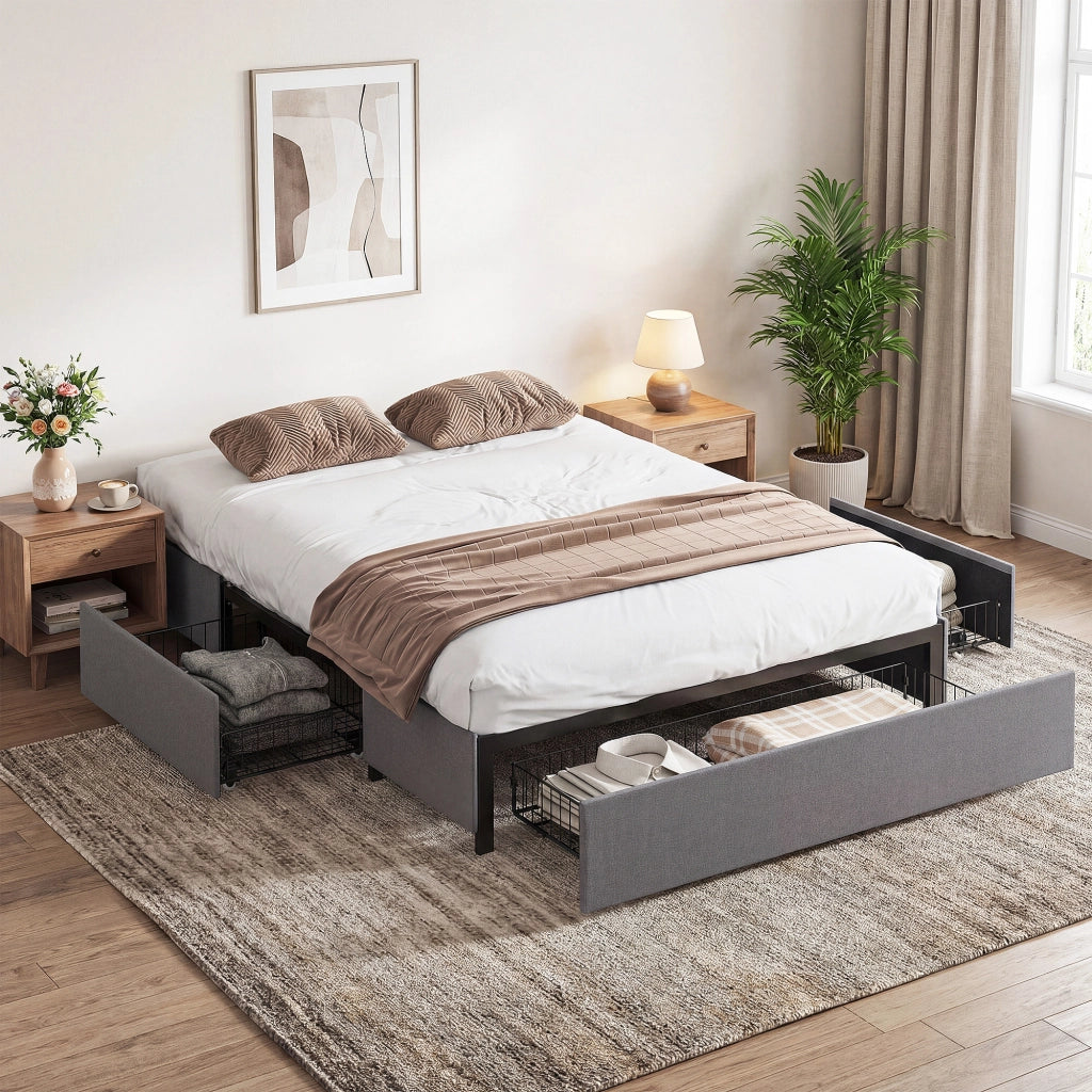 Letto Matrimoniale 140x190 cm con Cassetti e Struttura in Metallo ¨C Zephmum ¨C Grigio